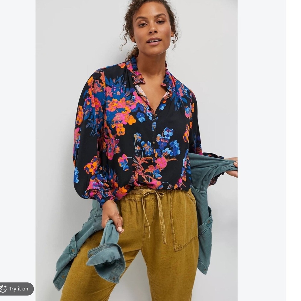 Maeve Anthropologie Women Colette Peasant Blouse S Dark Floral Romantic Fall Top